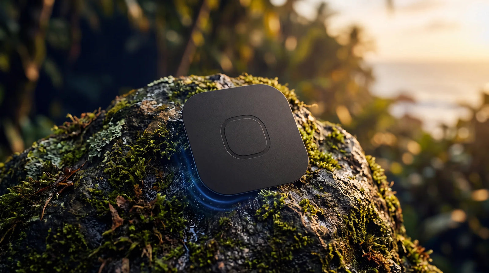 KeyBlock sticker resting on a mossy rock in golden light, jungle and ocean haze behind