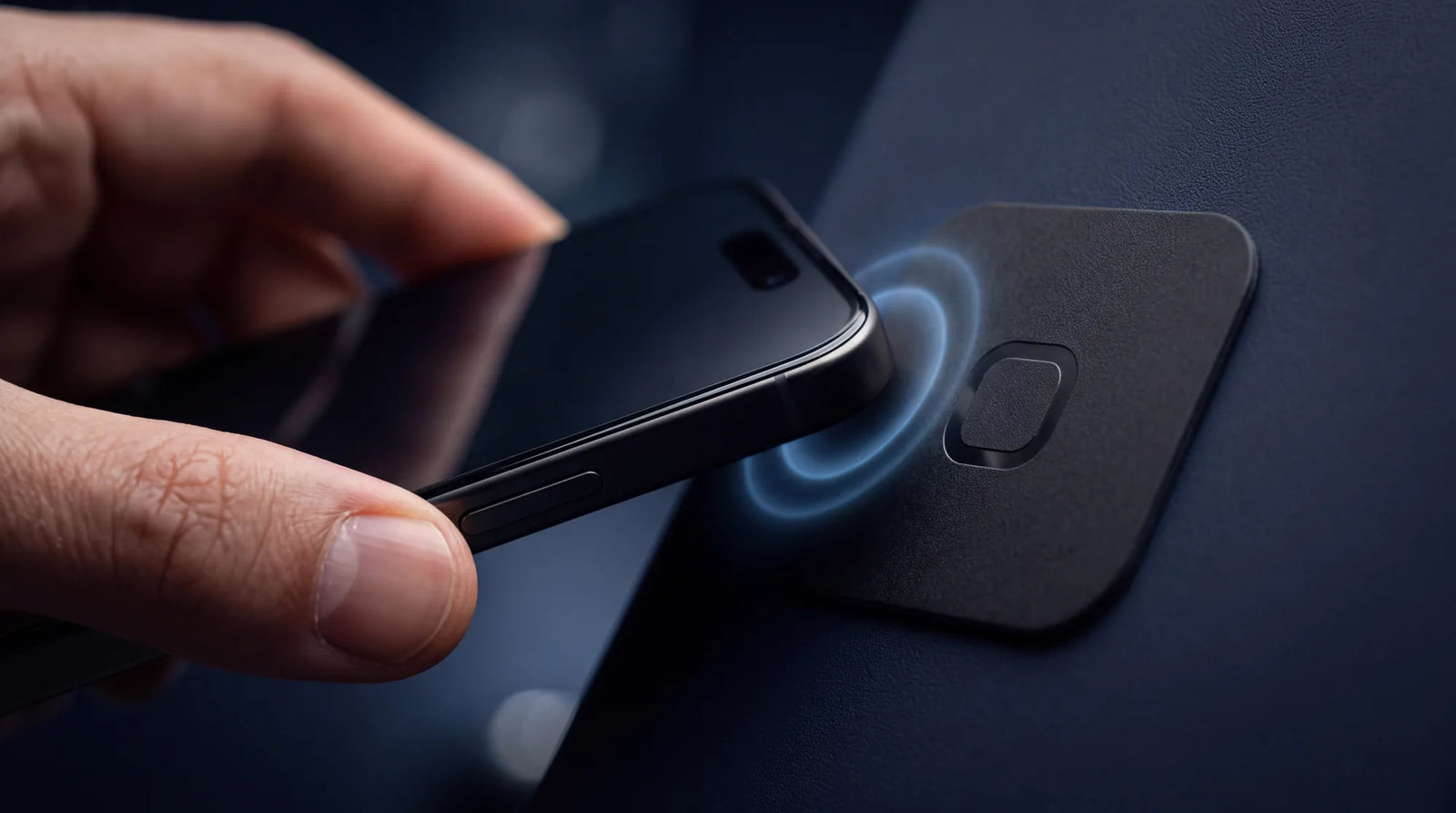 Close-up of a phone being tapped onto the KeyBlock sticker, a blue ripple at the point of contact